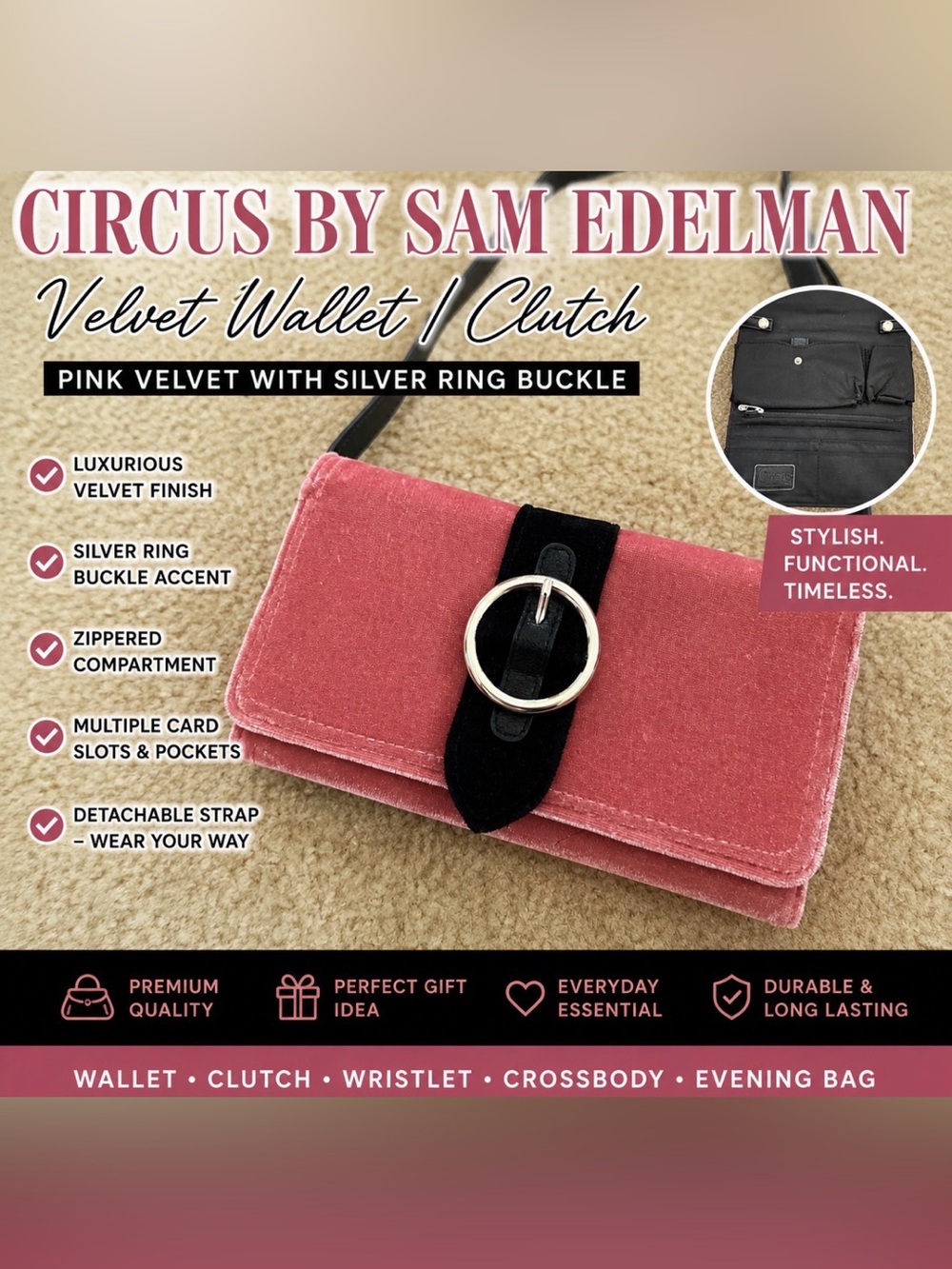 Circus by Sam Edelman Rose Pink Velvet Clutch with Black Strap and Silver Ring